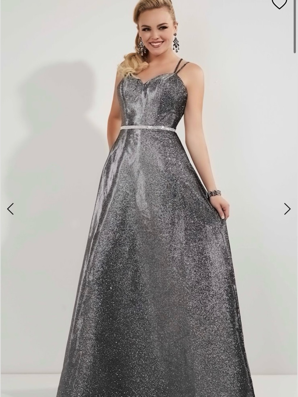 Studio 17 Silver Glitter A-Line Prom Dress with Double Spaghetti Straps